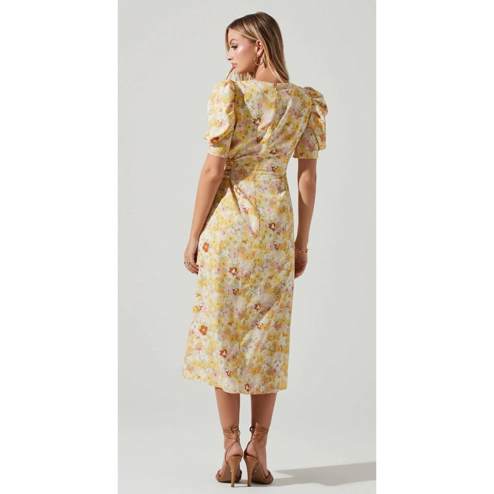ASTR The Label Midi Dress Womens Small Yellow Rust Martina Floral Ruched NWT - Picture 2 of 14